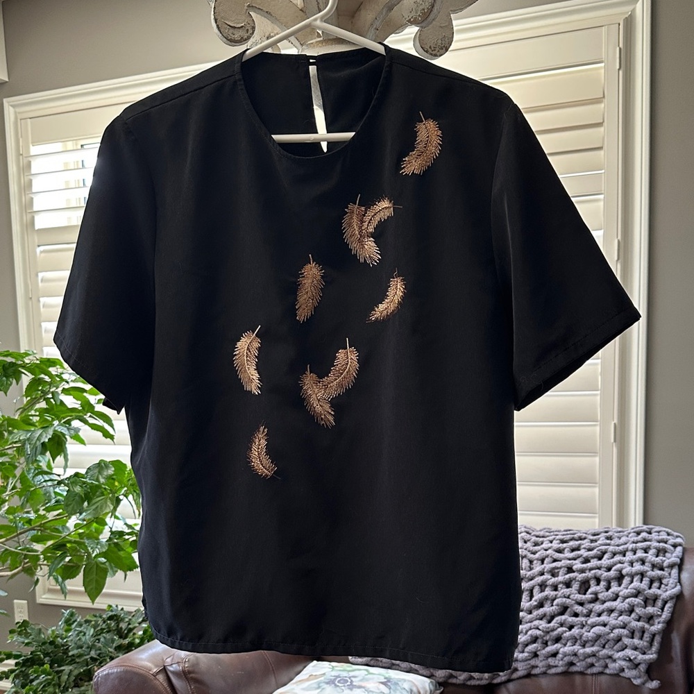Black Feather Embroidered Shirt